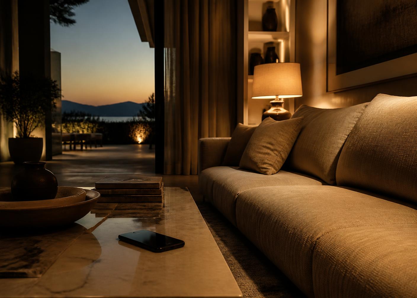 Warmly lit luxury villa living room open to a terrace at dusk